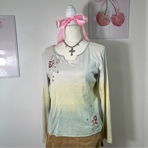 Vintage Y2K Boho Ombre Green White Long Sleeve Shirt Womens Large